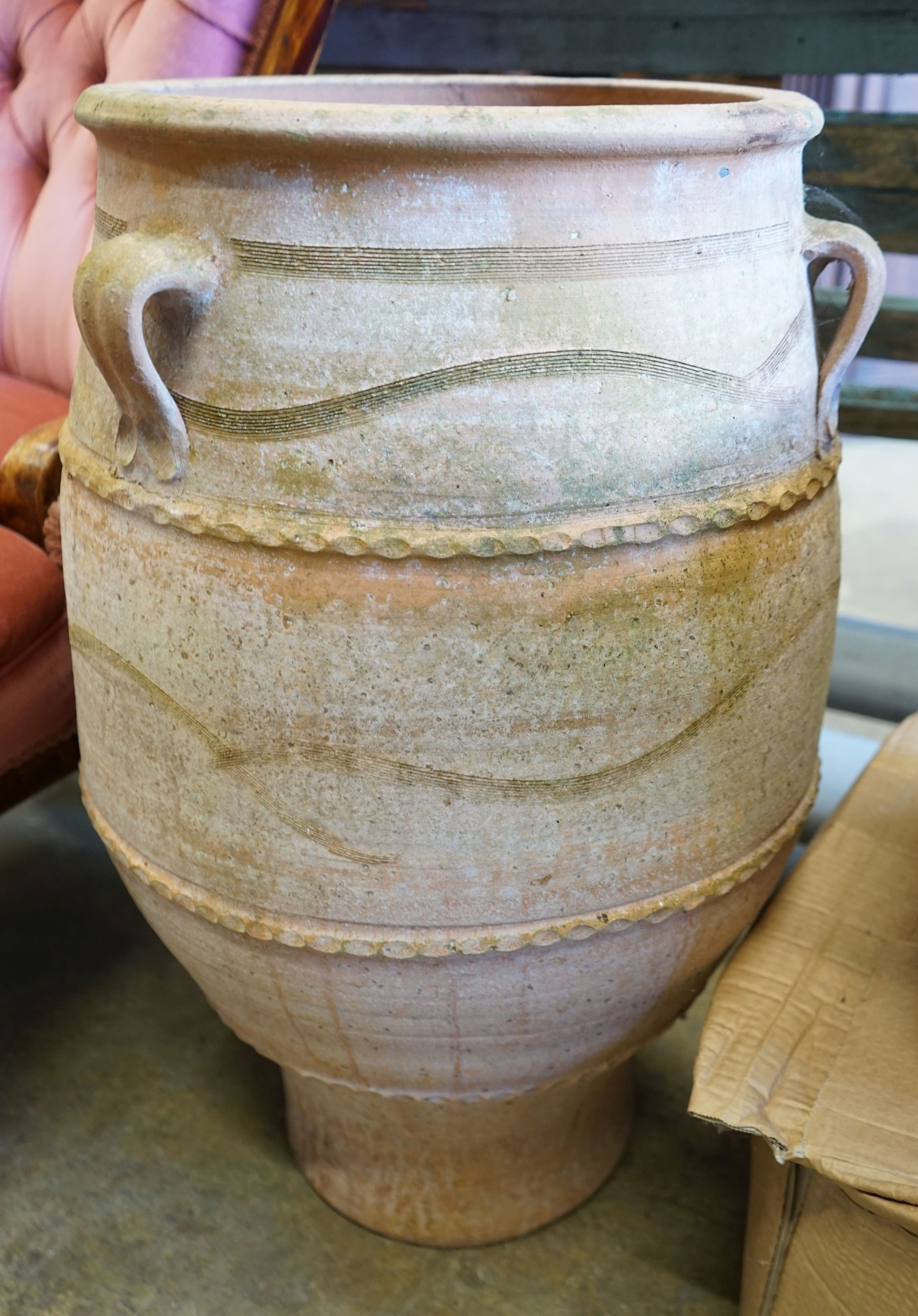 A Greek style terracotta garden urn, diameter 40cm, height 68cm